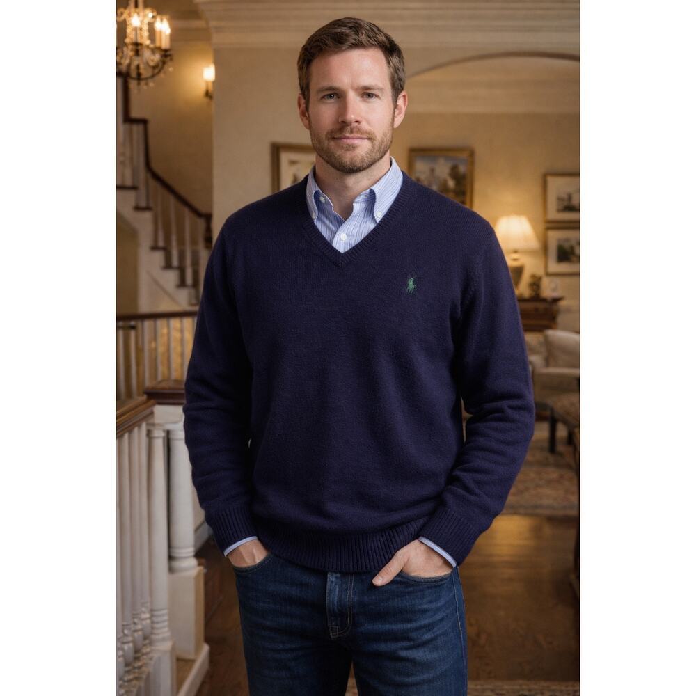 Polo Ralph Lauren Lambswool V Neck Sweater Blue XL Vintage